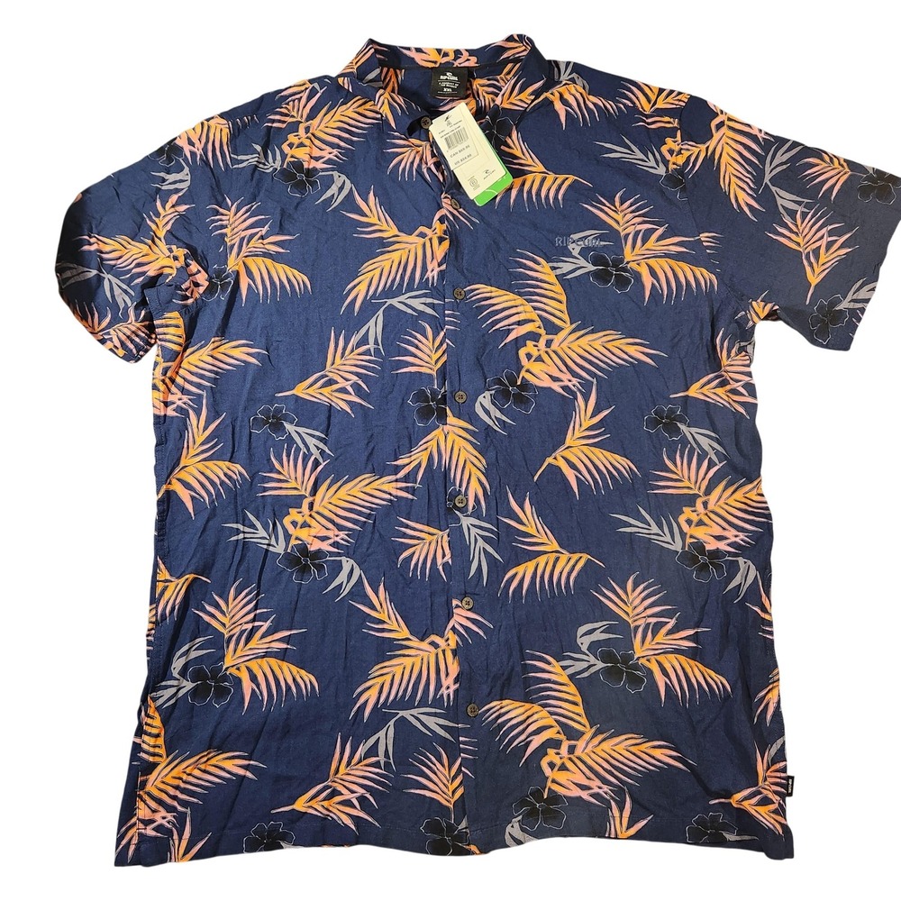 Rip Curl Shirt Mens 2XL Blue Surf Revival Hawaiian Floral Short Sleeve Button Up
